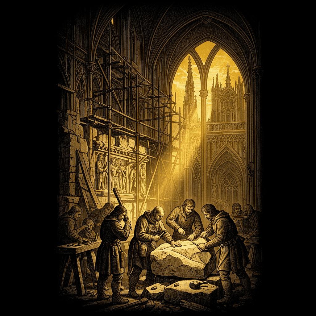 Pedreiros livres trabalhando em catedral gótica medieval