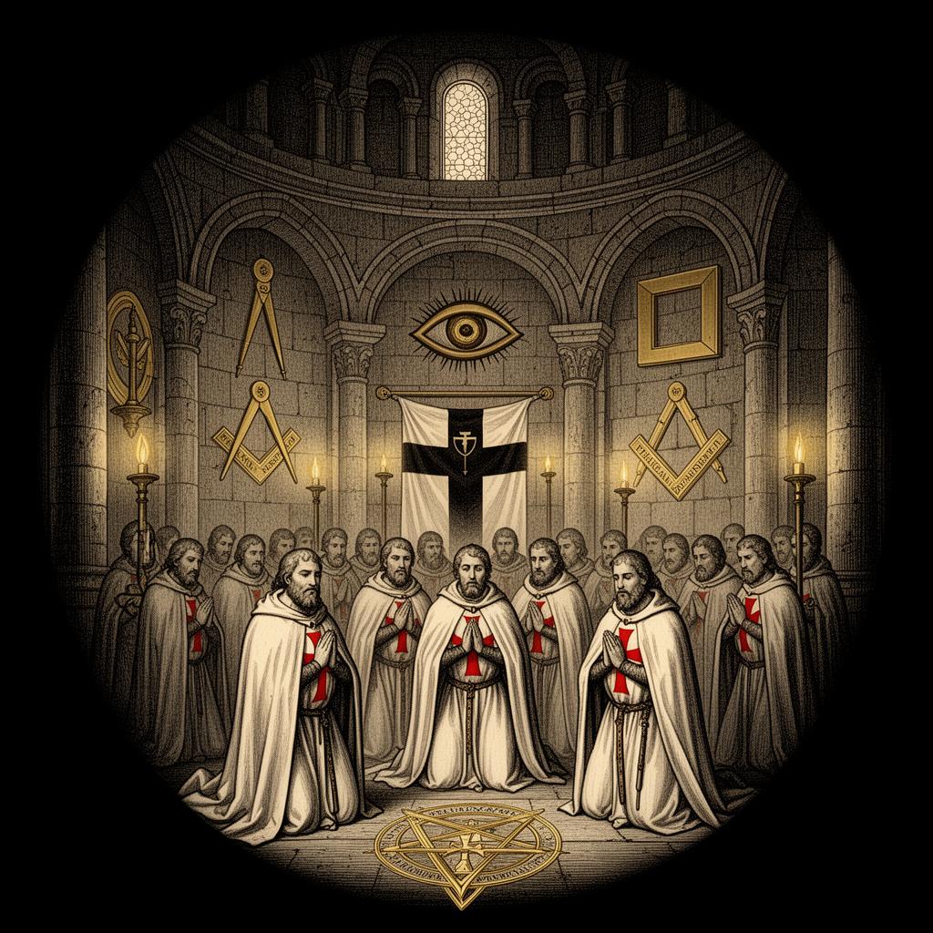 Cavaleiros Templários em ritual com simbologia maçônica